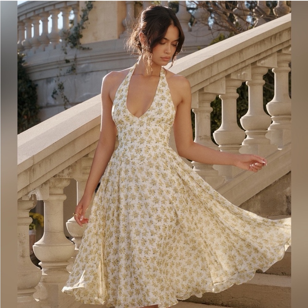 House of CB Ivory Vintage Floral Print Georgette Halter Sundress